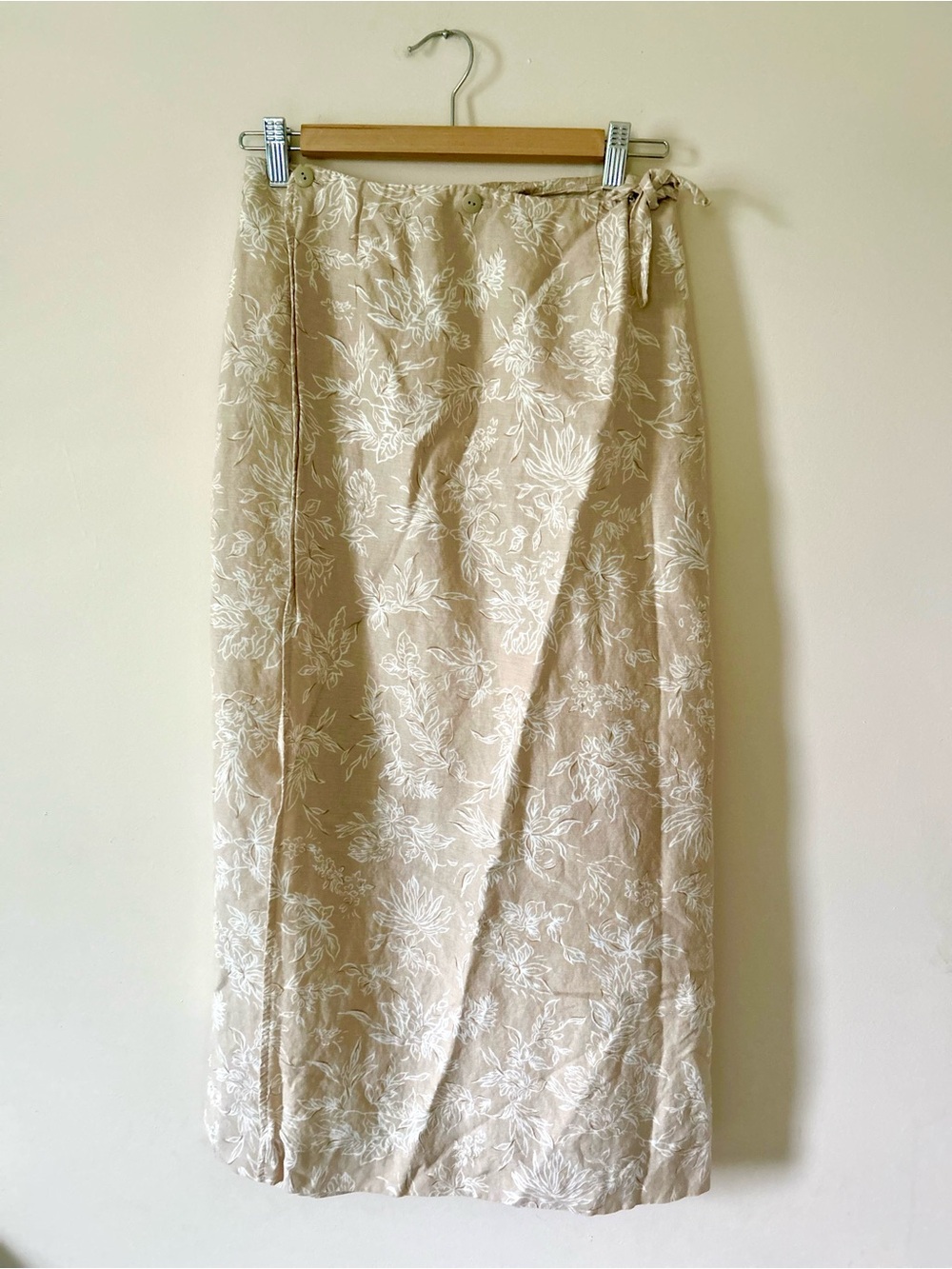 VTG Talbots Linen Rayon Wrap Midi Skirt Neutral Floral Slide Closure Size 8